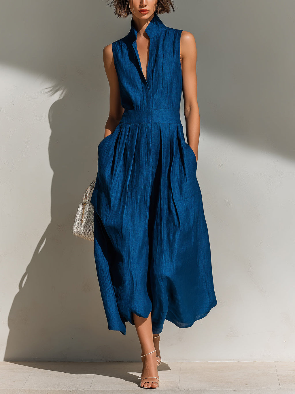 Chic Elegant Royal Blue Cotton Linen Blend Stand-Collar V-Neck Sleeveless Tailored-Waist Maxi Dress