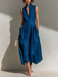 Chic Elegant Royal Blue Cotton Linen Blend Stand-Collar V-Neck Sleeveless Tailored-Waist Maxi Dress