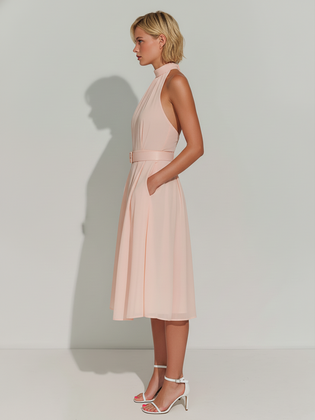 Stylish Elegant Pink Stand Collar Sleeveless Belt Loose Midi Dress