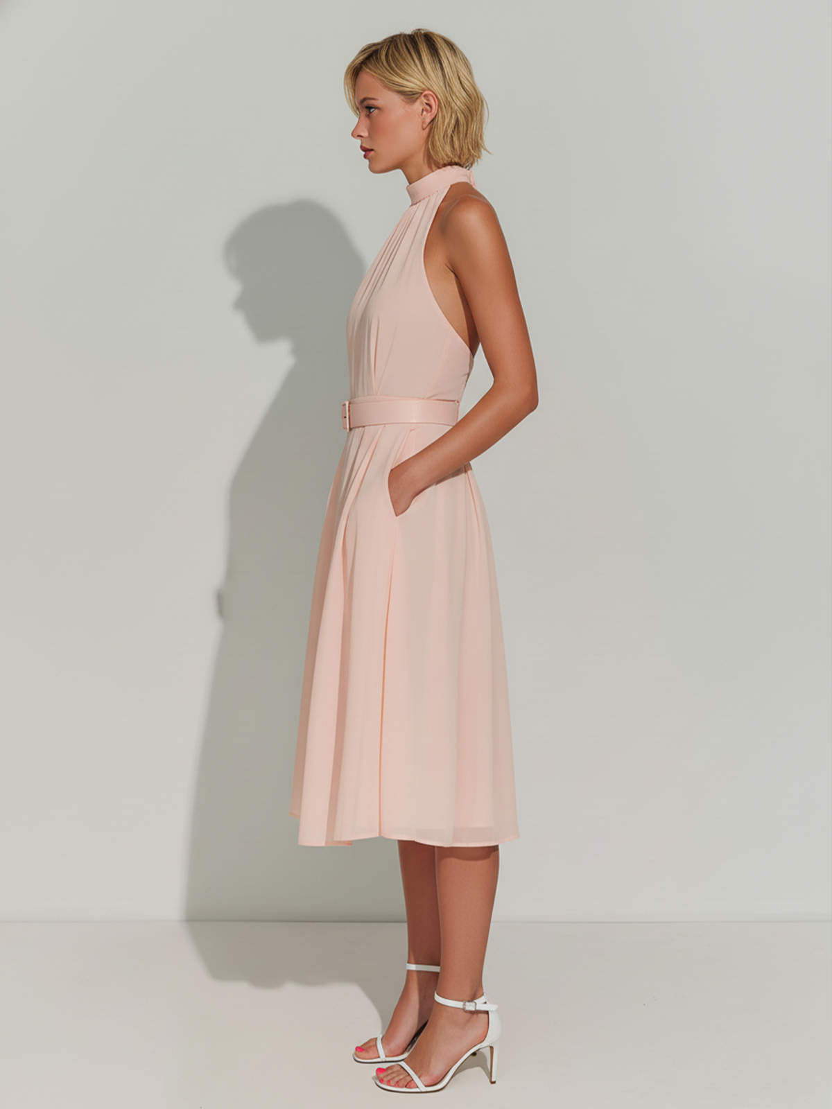 Stylish Elegant Pink Stand Collar Sleeveless Belt Loose Midi Dress