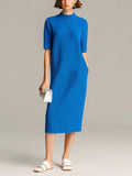 Chic Vintage Royal Blue Round Neck Short-Sleeve Loose-Fit Ribbed Knit Midi Dress