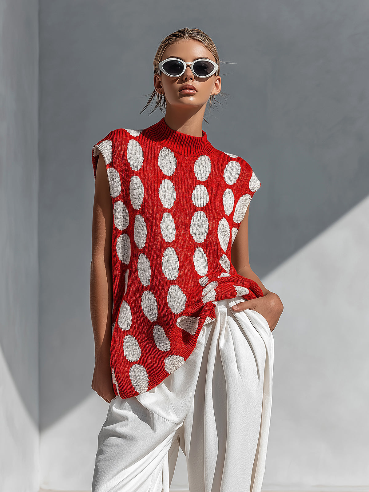 Chic Elegant Red-White Polka Dot Jacquard Round-Neck Sleeveless Oversized Knit Vest Top