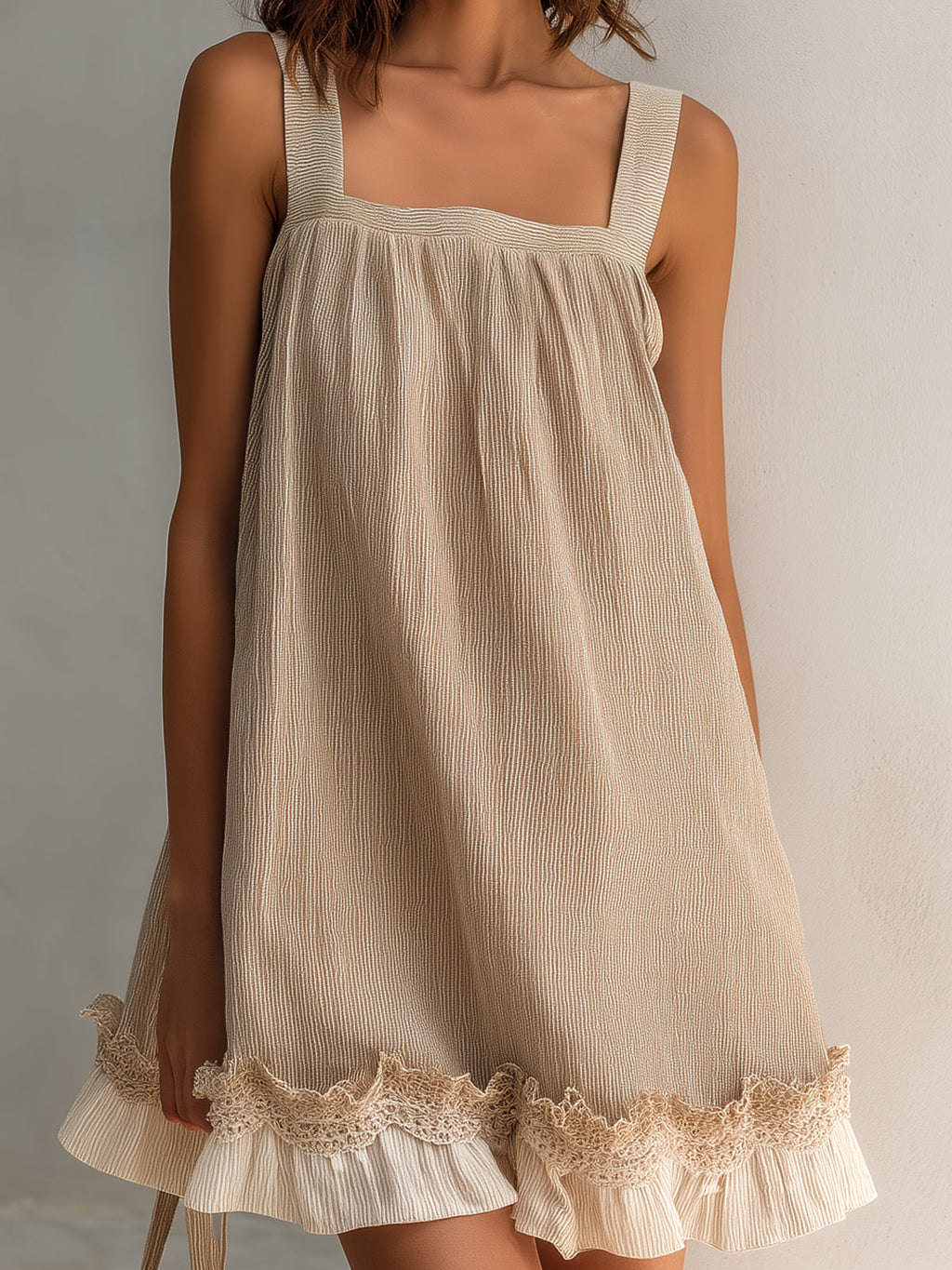 Chic Elegant Camel Stripes Cotton Blend Square-Neck Sleeveless Lace Trim Detail Loose-Fit A-Line Mini Dress