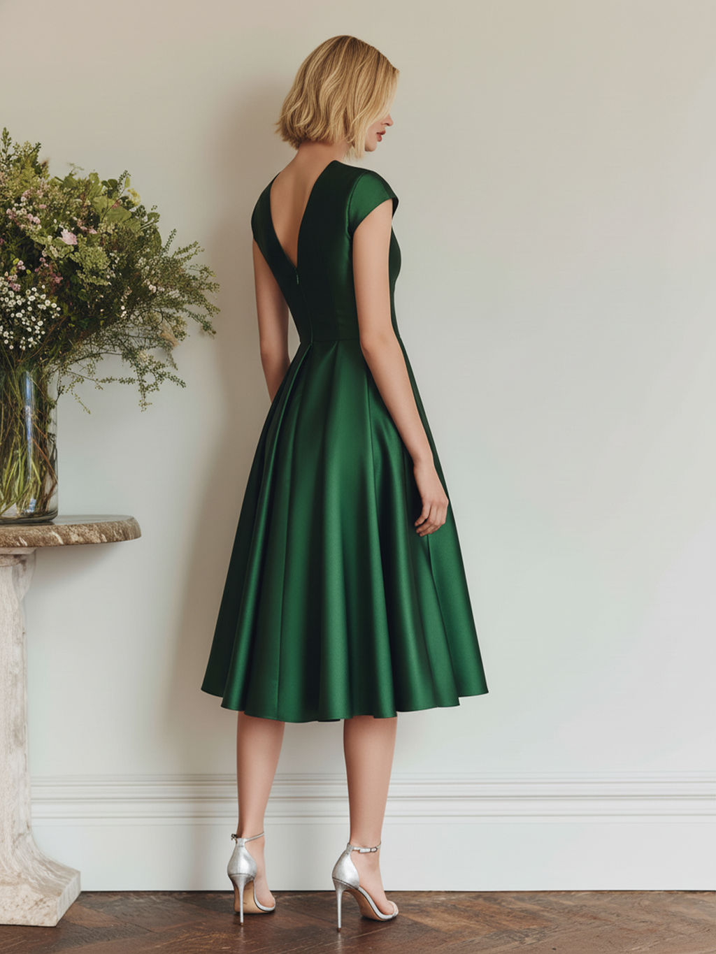 Stylish Elegant Green Cap Sleeve A-Line Slim Sant Midi Dress