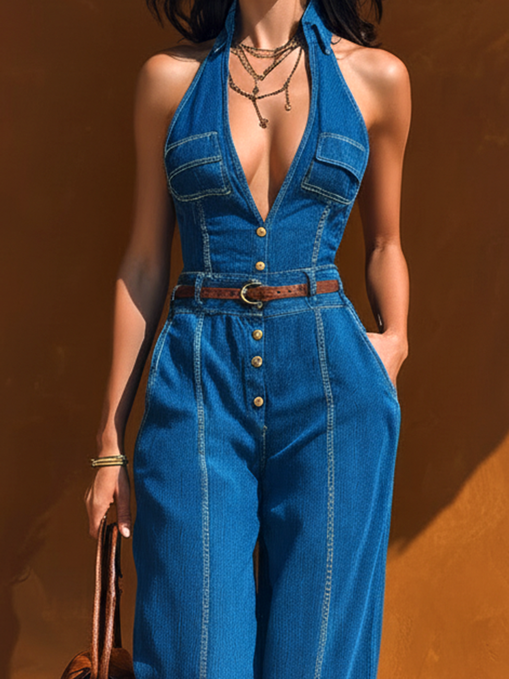 Chic Elegant Blue Halter Lapel Collar V-Neck Sleeveless Slim-Fit Waist Tie Tencel Denim Wide-Leg Jumpsuit