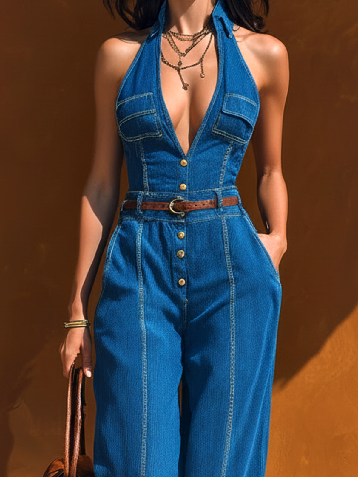 Chic Elegant Blue Halter Lapel Collar V-Neck Sleeveless Slim-Fit Waist Tie Tencel Denim Wide-Leg Jumpsuit