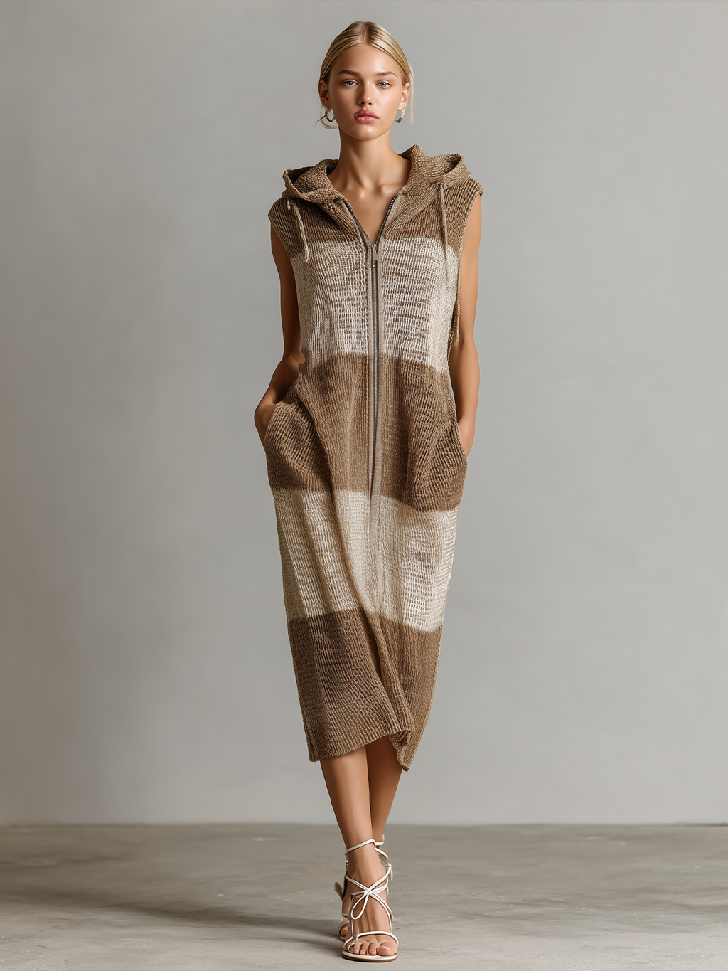 Chic Elegant Brown-Beige Stripe Hood Sleeveless Zipper-Placket Loose-Fit Knit Midi Dress