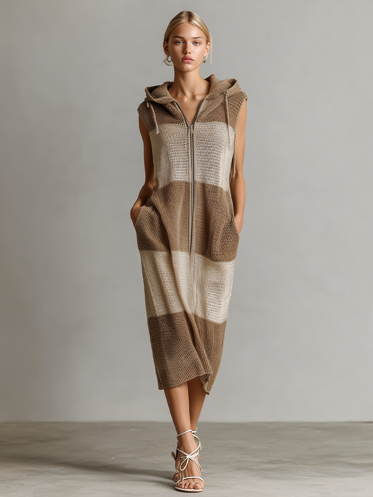 Chic Elegant Brown-Beige Stripe Hood Sleeveless Zipper-Placket Loose-Fit Knit Midi Dress