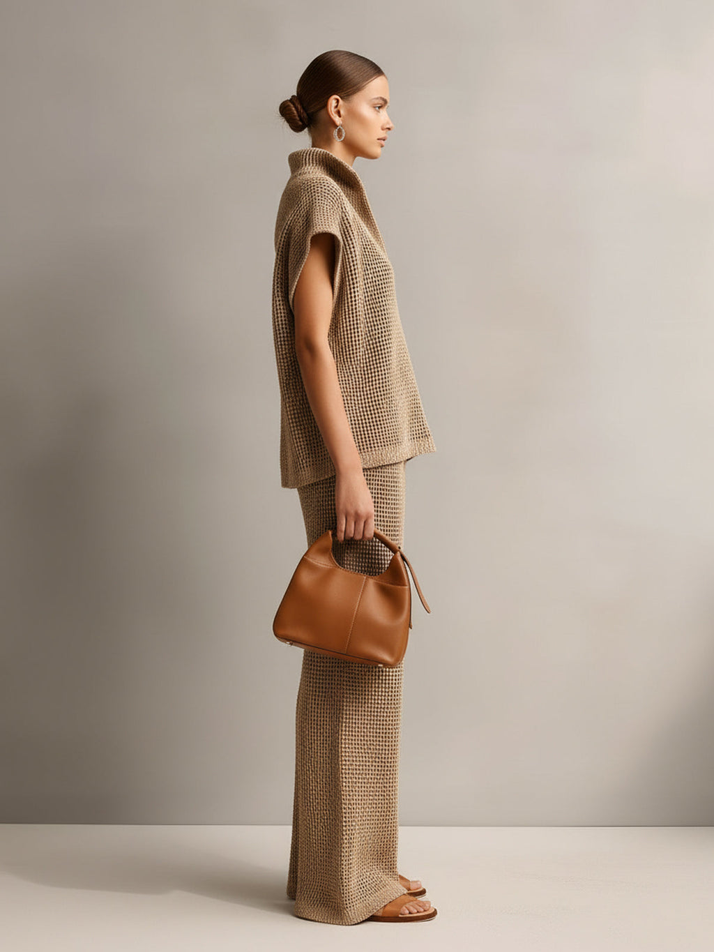 Chic Elegant Camel Stand Collar V-Neck Off-Shoulder Oversize Vest Beige Wide-Leg Pants Knit Two-Piece Set