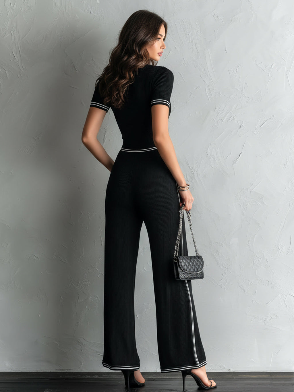 Chic Elegant Black Zipper-Up V-Neck Contrast Trim Detail Short-Sleeve Tailored Waist Wide-Leg Ribbed Knit Jumpsuit