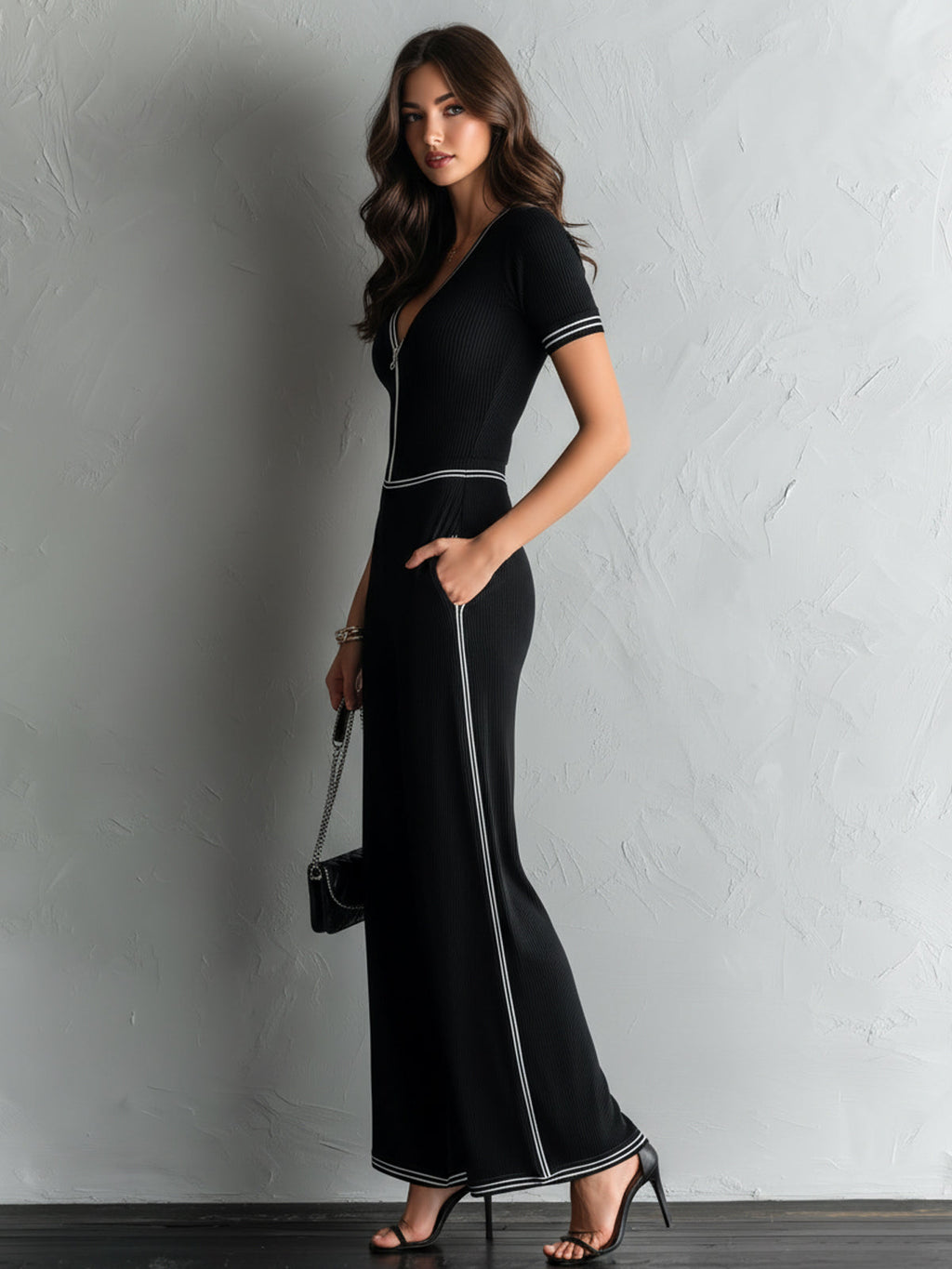 Chic Elegant Black Zipper-Up V-Neck Contrast Trim Detail Short-Sleeve Tailored Waist Wide-Leg Ribbed Knit Jumpsuit