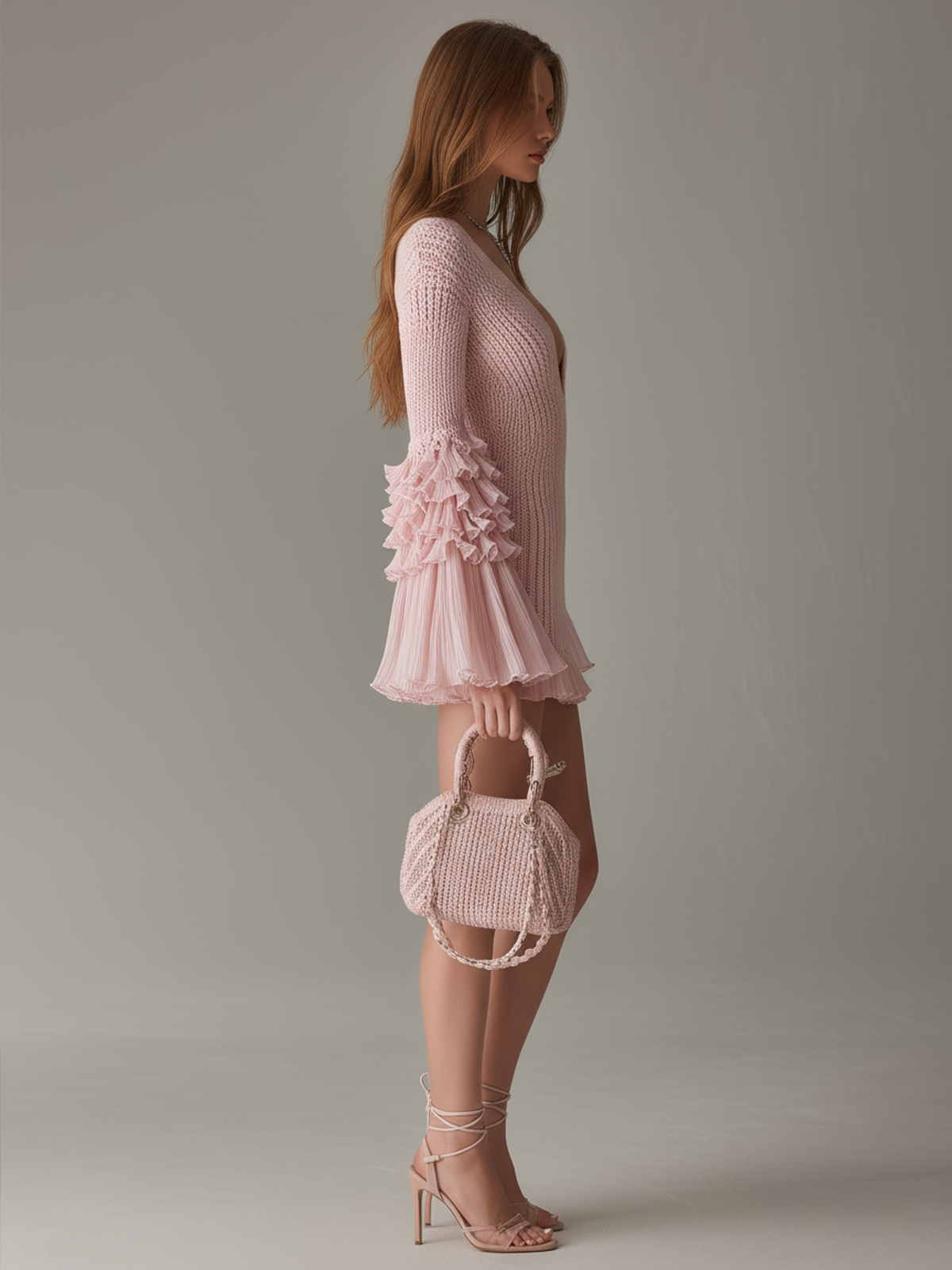 Chic Elegant Pink Deep V-Neck Long-Sleeve Chiffon Ruffle Patchwork Detail Slim-Fit Ribbed Knit Mini Dress