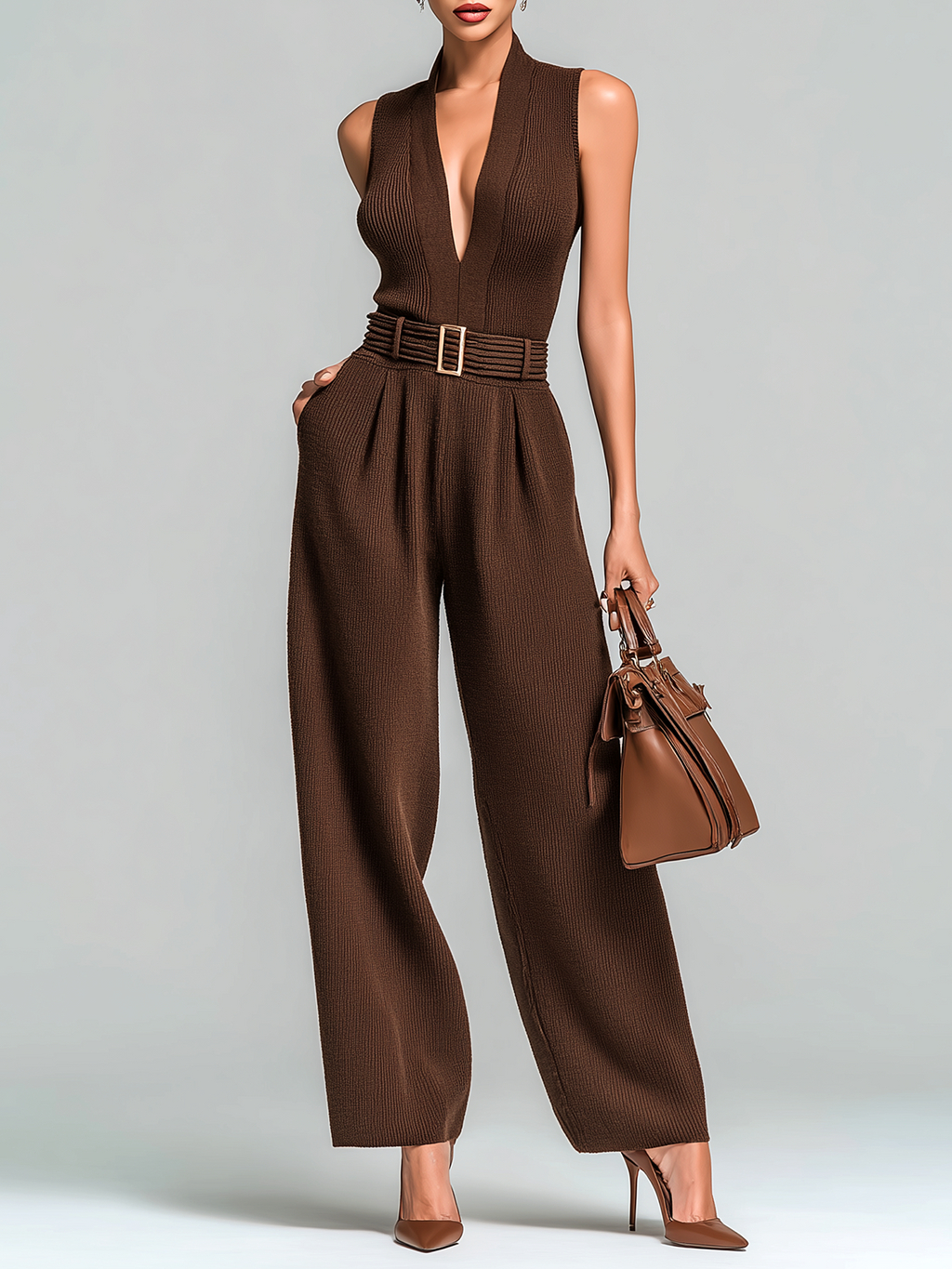 Stylish Elegant Brown Slim-Fit V-Neck Waist Tie Wide Leg Knit Jumpsuit