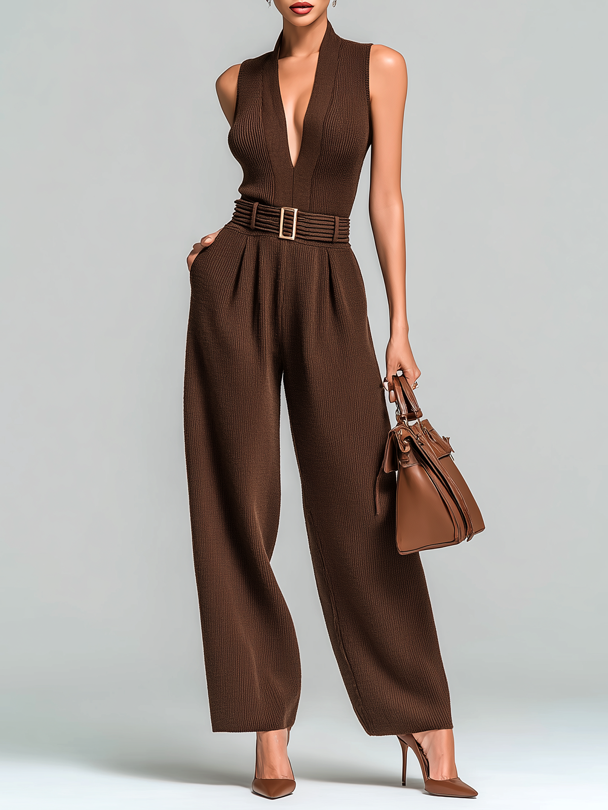Stylish Elegant Brown Slim-Fit V-Neck Waist Tie Wide Leg Knit Jumpsuit