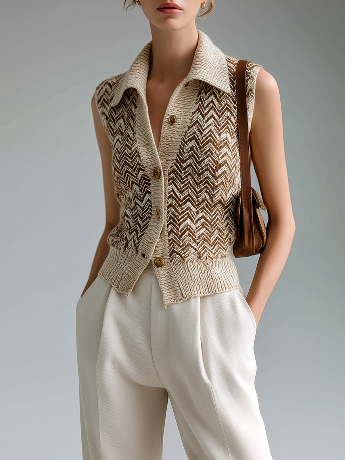 Fashion Casual Beige Lapel Herringbone Jacquard Button-Up Loose Sleeveless Cardigan Knit Vest