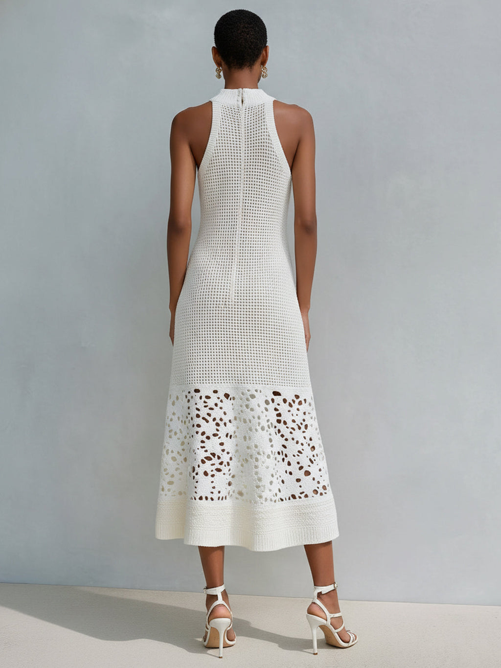 Chic Elegant Cream White Mock Neck Sleeveless Tailored Waist Lace Patchwork A-Line Mesh Knit Midi Dress