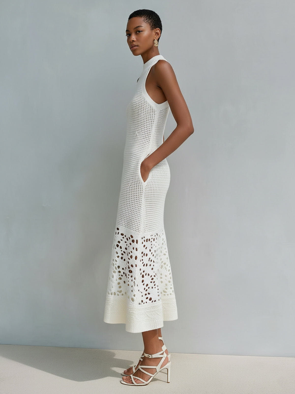 Chic Elegant Cream White Mock Neck Sleeveless Tailored Waist Lace Patchwork A-Line Mesh Knit Midi Dress