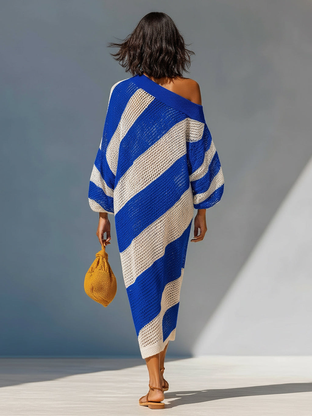 Chic Elegant Royal Blue-White Stripes One-Shoulder Long Lantern Sleeve Loose-Fit Knit Maxi Dress