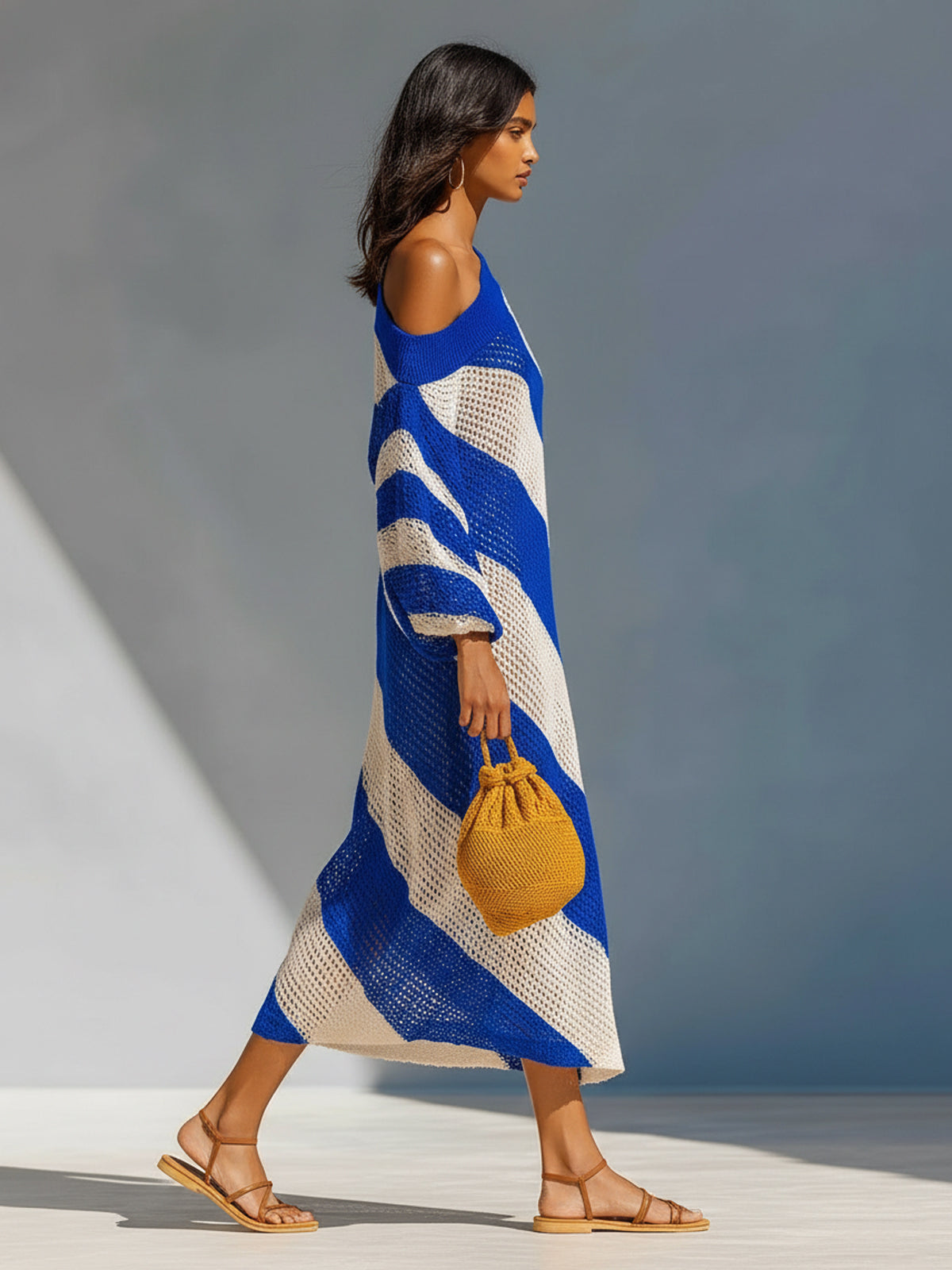 Chic Elegant Royal Blue-White Stripes One-Shoulder Long Lantern Sleeve Loose-Fit Knit Maxi Dress