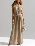 Chic Elegant Camel Deep V-Neck Sleeveless Loose-Fit Tie-Waist Ribbed Knit Maxi Dress