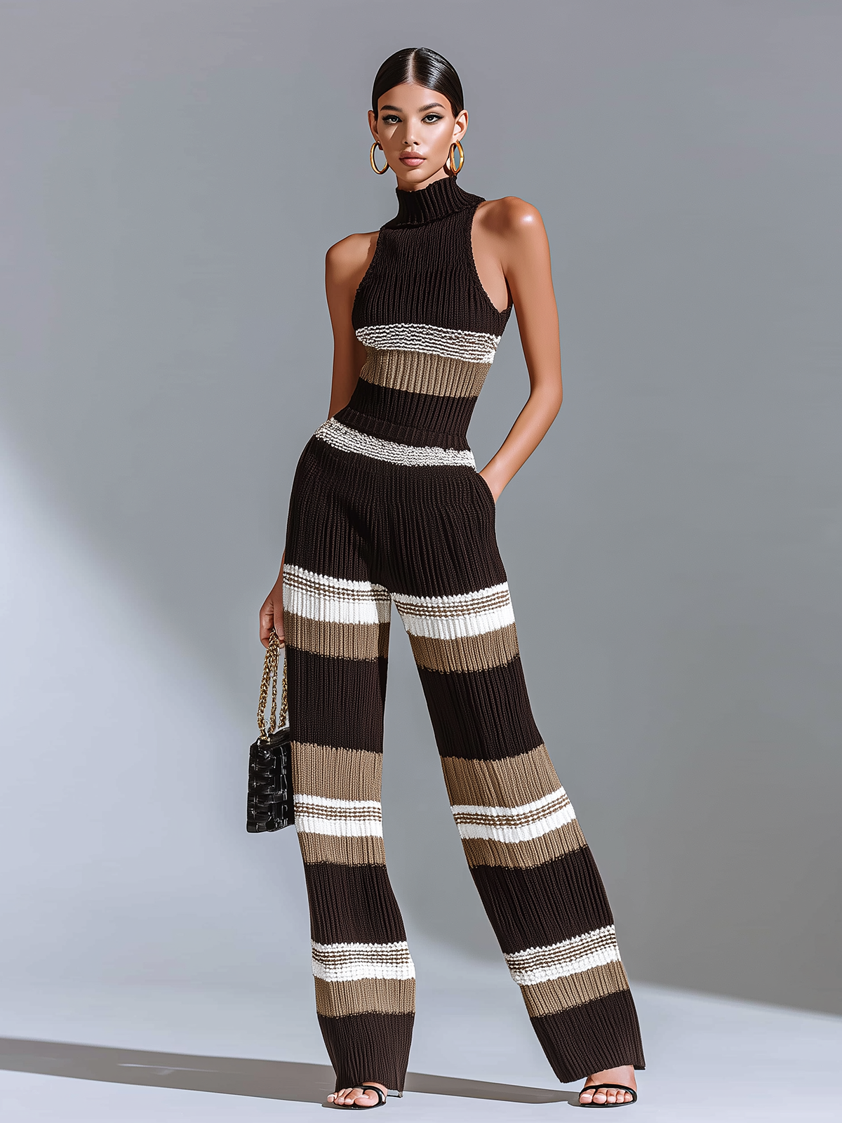 Chic Elegant Black Striped Mock-Neck Sleeveless Slim Fit Wide-Leg Ribbed Knit Jumpsuit