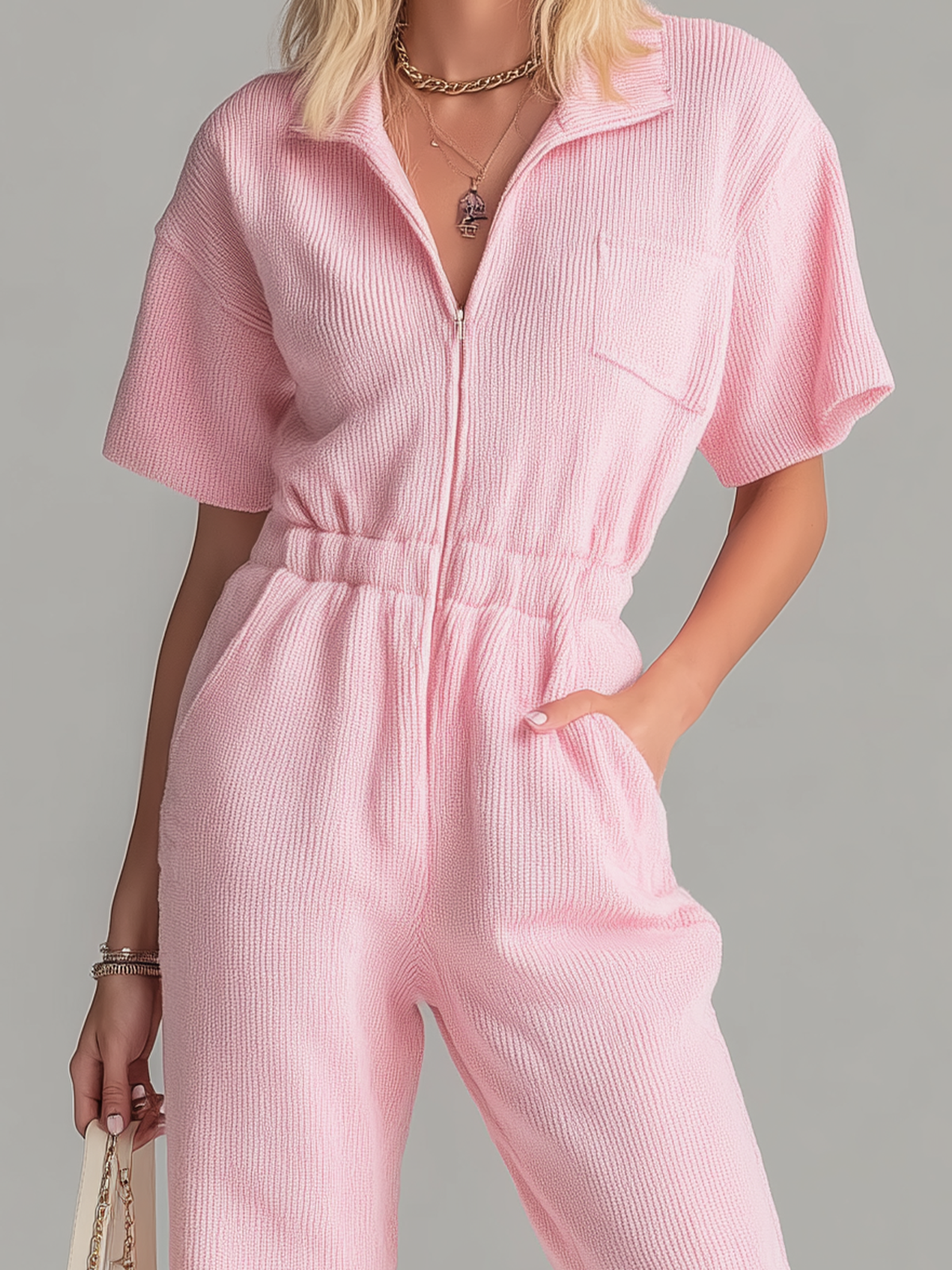 Chic Elegant Pink Zipper-Up Lapel Collar Short-Sleeve Elastic-Waist Ribbed Knit Jumpsuit