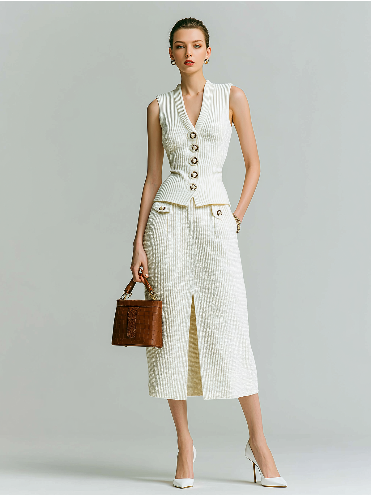 Stylish  Elegant Beige Deep V-neck Button-up Slim-fit Ribbed Vest Paired With A Front-slit Knit Midi Dress Two-piece Set
