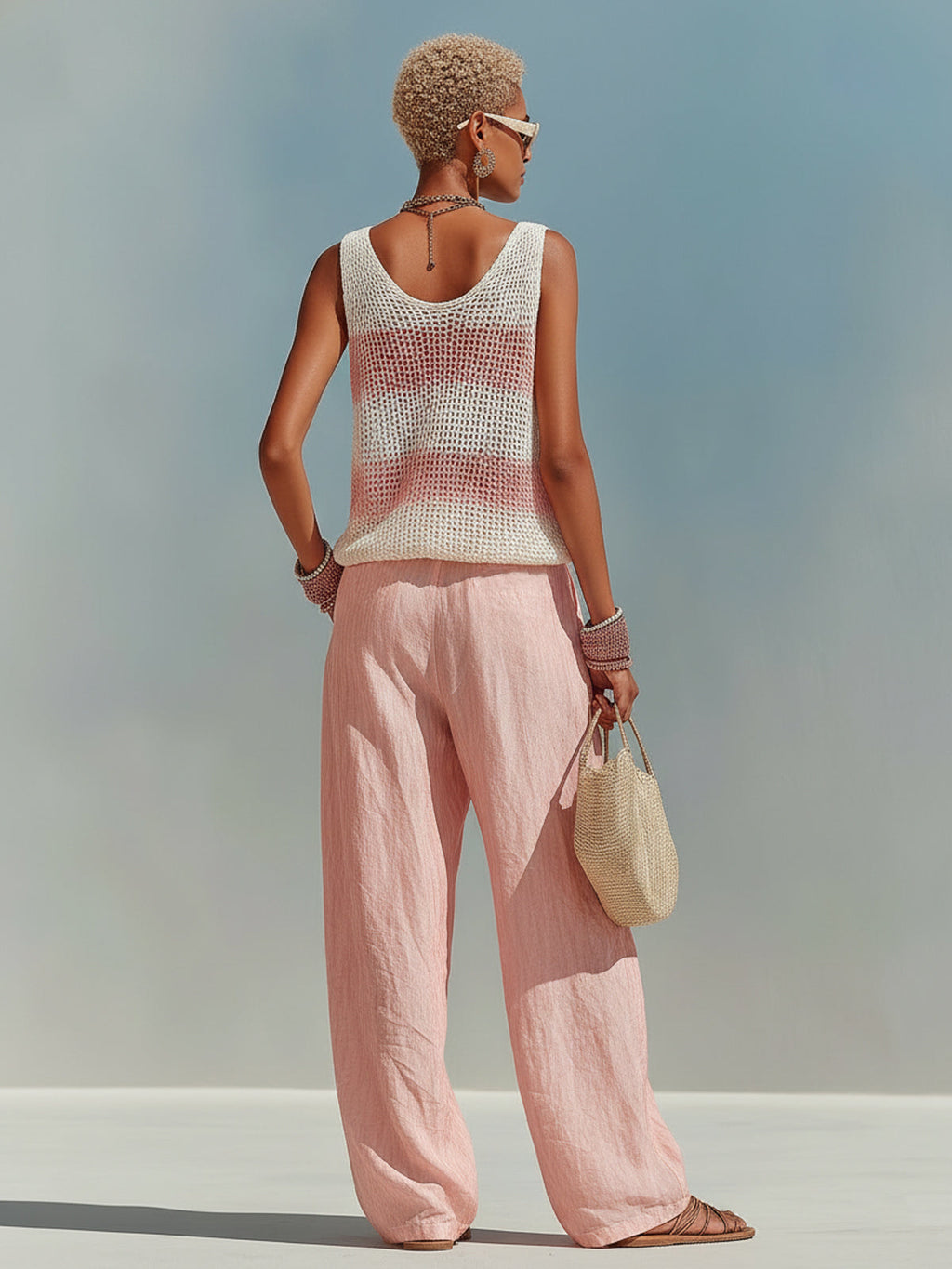 Chic Elegant Pink-White Stripes V-Neck Sleeveless Loose-Fit Knit Tank Top Pink Satin Pants Two-Piece Set