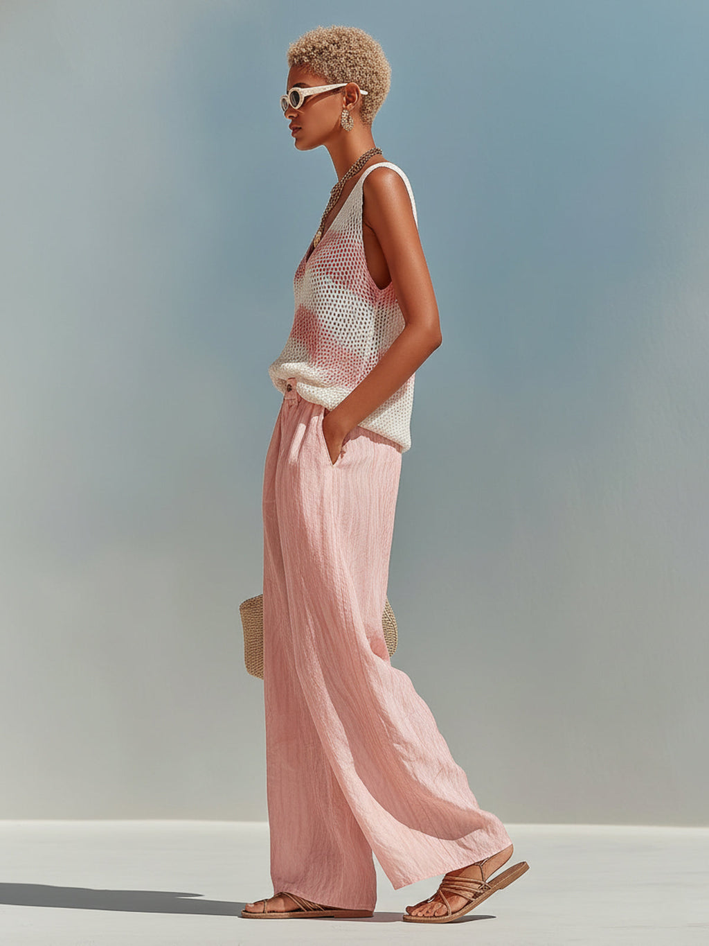 Chic Elegant Pink-White Stripes V-Neck Sleeveless Loose-Fit Knit Tank Top Pink Satin Pants Two-Piece Set