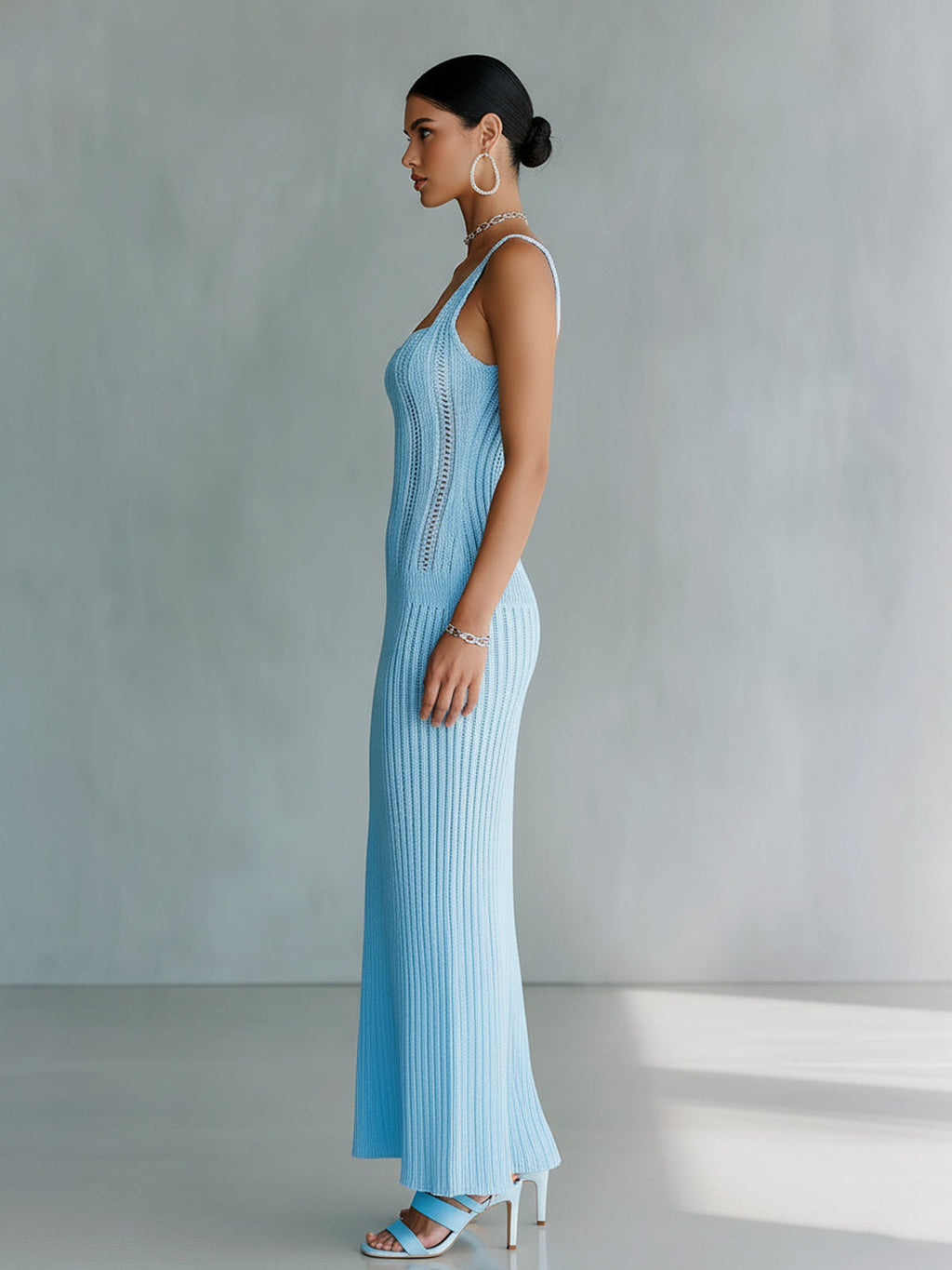 Chic Elegant Blue Square Neck Sleeveless Slim-Fit Hollow Ribbed Knit Holiday Maxi Dress