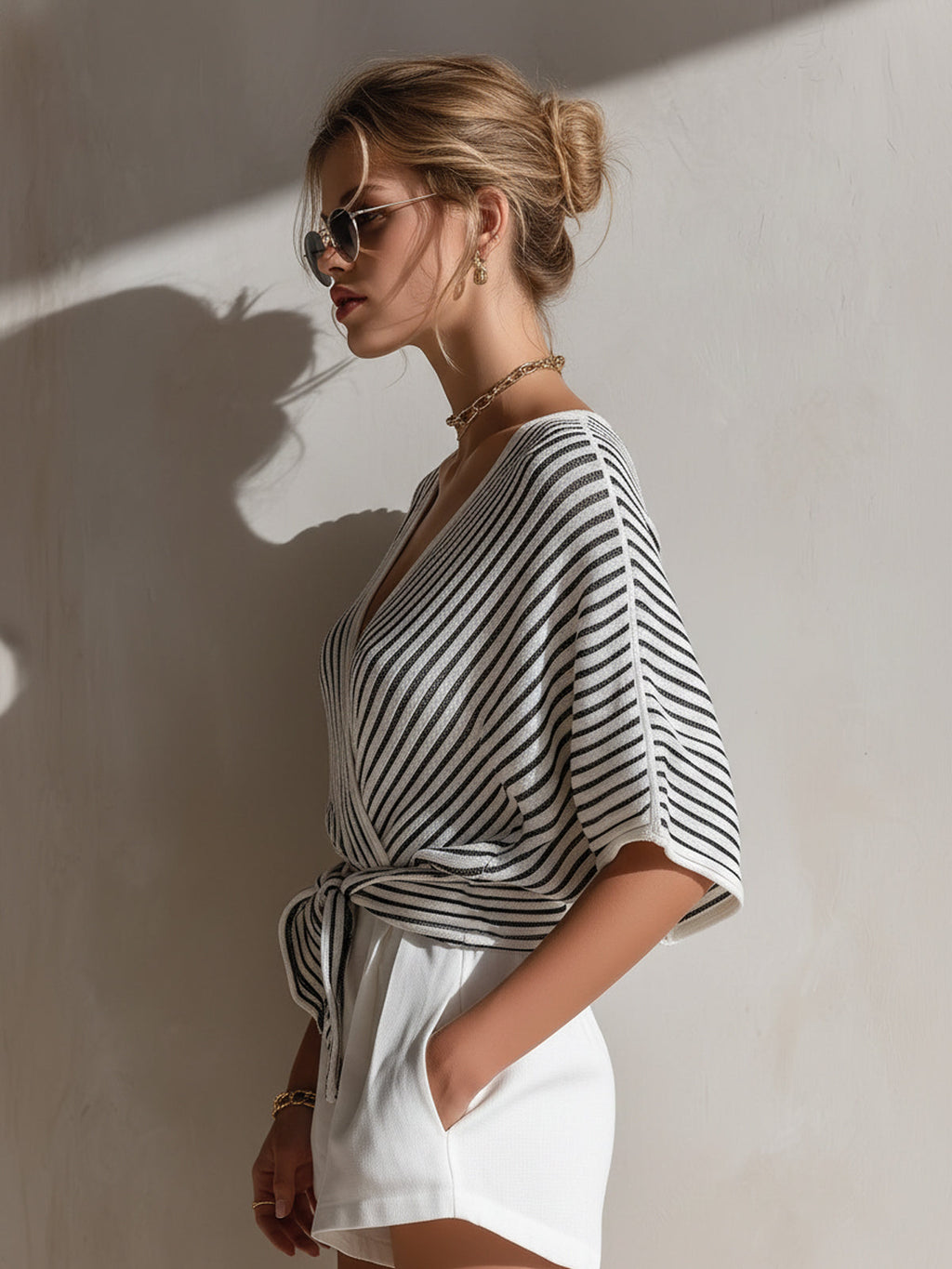 Chic Elegant Black-White Pinstripe Cross V-Neck Short-Sleeve Tie Waist Loose Fit Knit Sweater Top