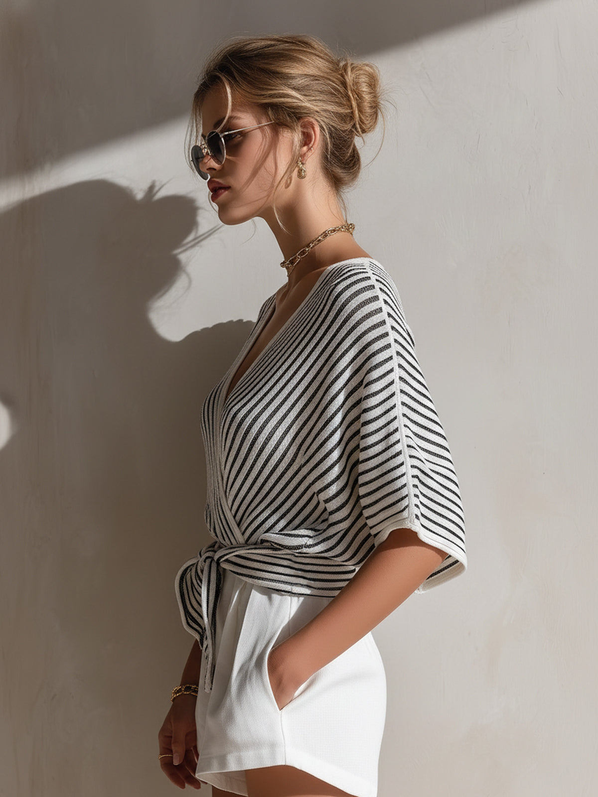 Chic Elegant Black-White Pinstripe Cross V-Neck Short-Sleeve Tie Waist Loose Fit Knit Sweater Top