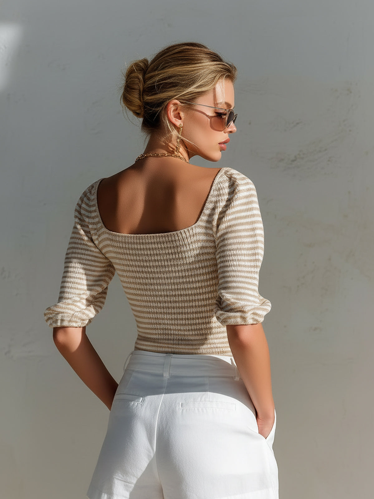 Chic Elegant Camel-White Stripes Square Neck Half-Sleeve Button-Front Slim-Fit Knit Sweater Top