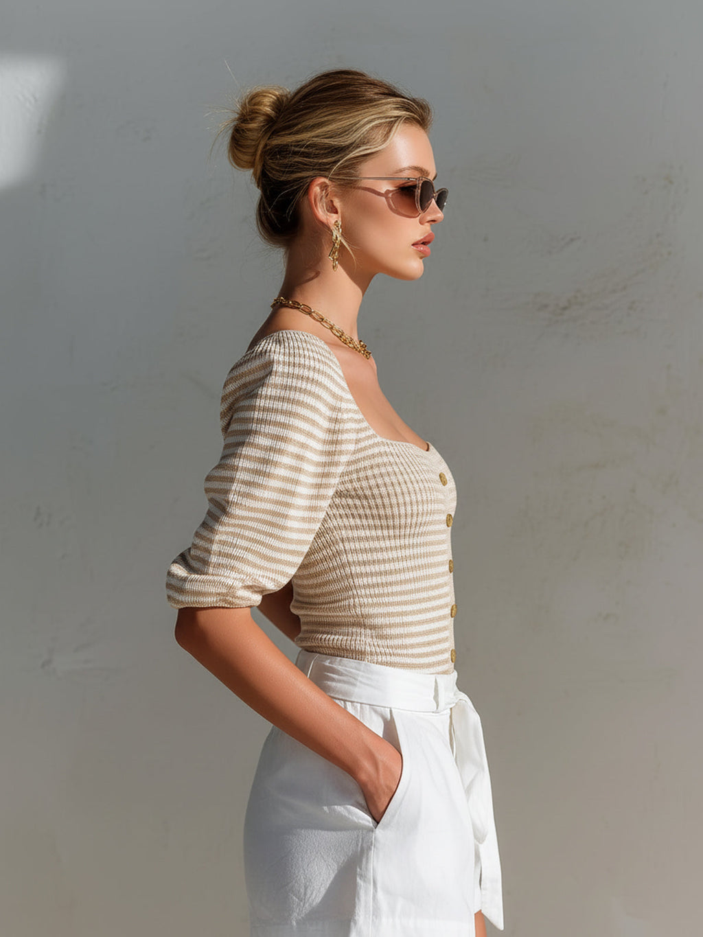 Chic Elegant Camel-White Stripes Square Neck Half-Sleeve Button-Front Slim-Fit Knit Sweater Top