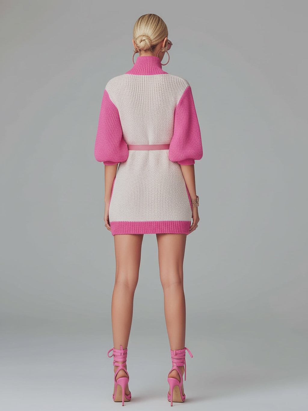 Chic Elegant Pink Colorblock Stand Collar V-Neck Short-Lantern-Sleeve Belted Loose-Fit Patch Pockets Knit Mini Dress