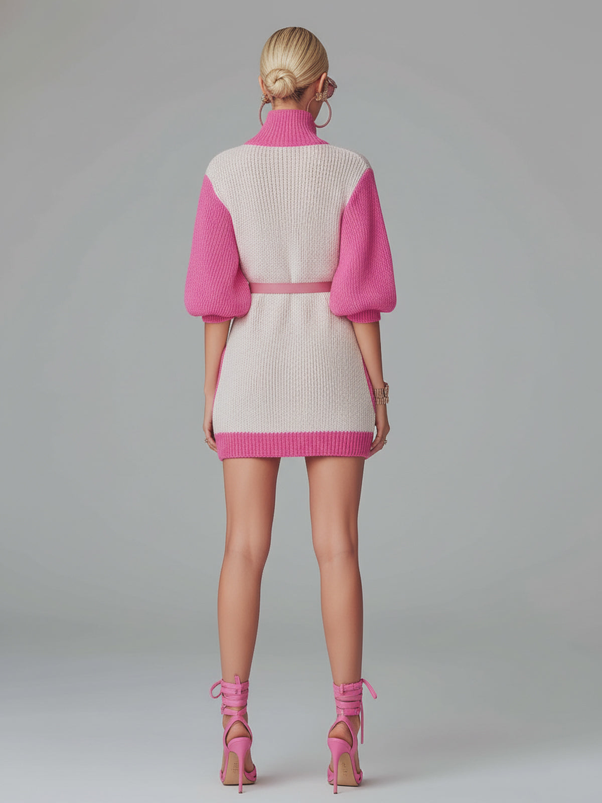 Chic Elegant Pink Colorblock Stand Collar V-Neck Short-Lantern-Sleeve Belted Loose-Fit Patch Pockets Knit Mini Dress