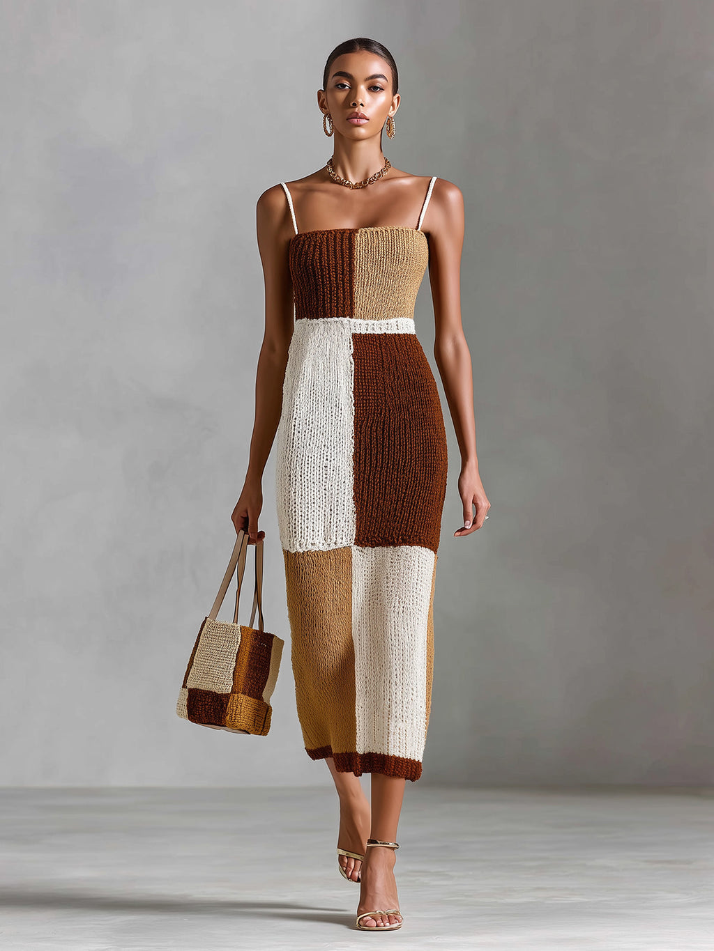 Chic Elegant Brown-Camel Colorblock Strappy Sleeveless Tailored-Waist Breathable Knit Maxi Dress