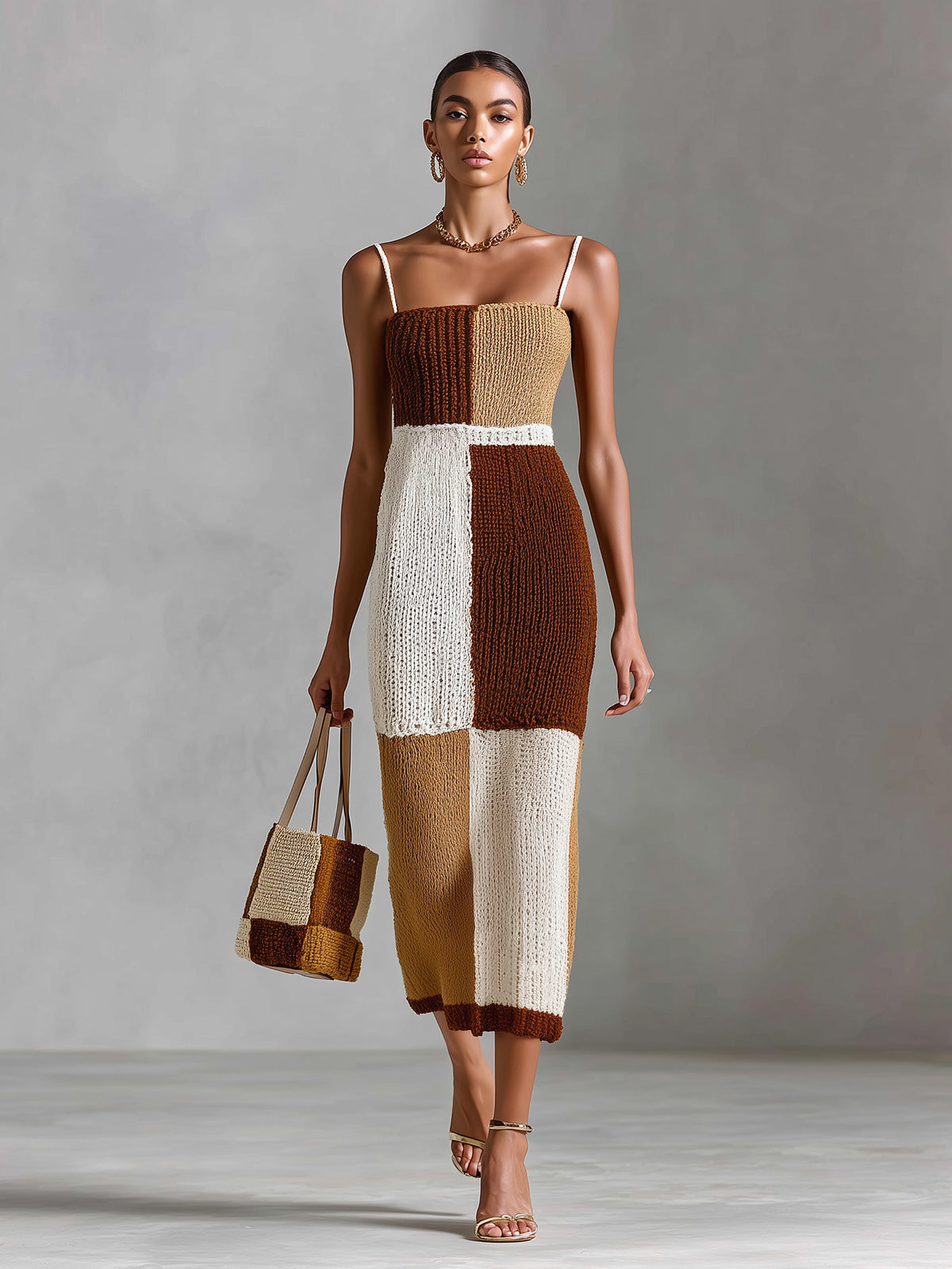 Chic Elegant Brown-Camel Colorblock Strappy Sleeveless Tailored-Waist Breathable Knit Maxi Dress