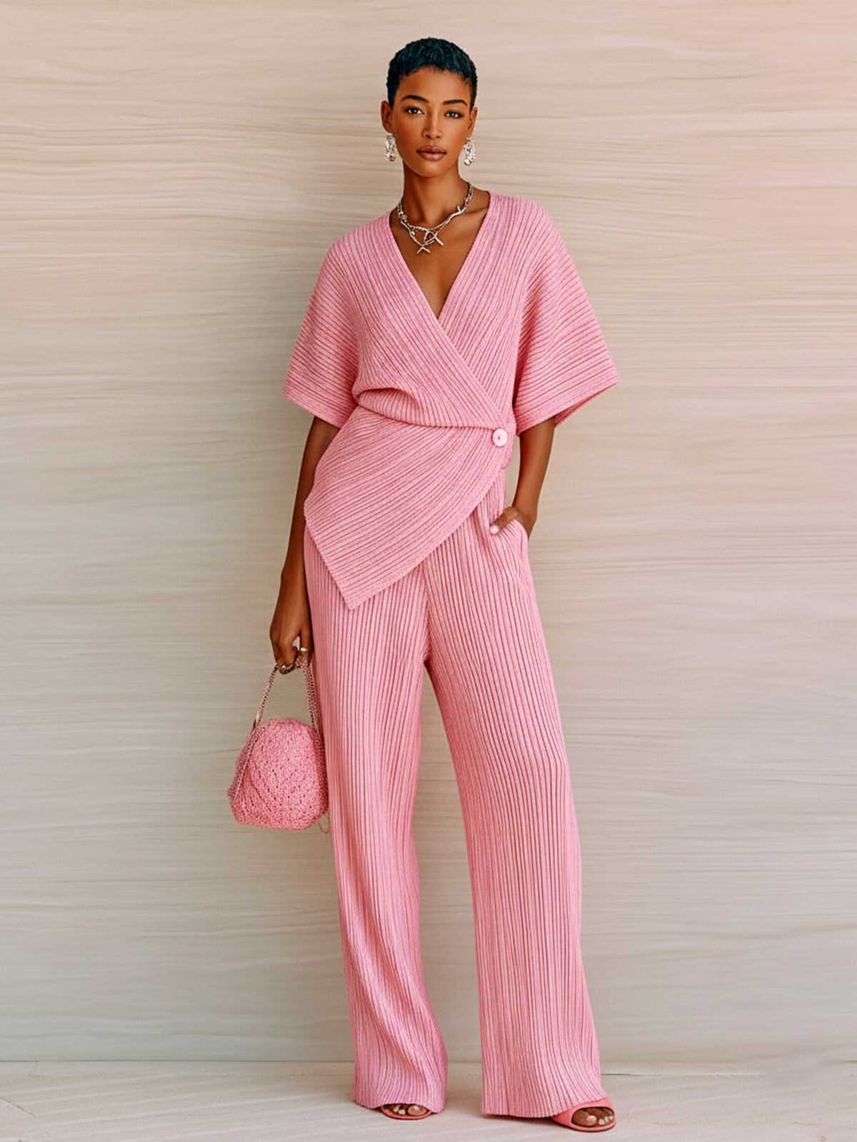 Stylish Elegant Pink V-Neck Short-Sleeve Loose Sweater Wide-Leg Pants Knit Two-Piece Set