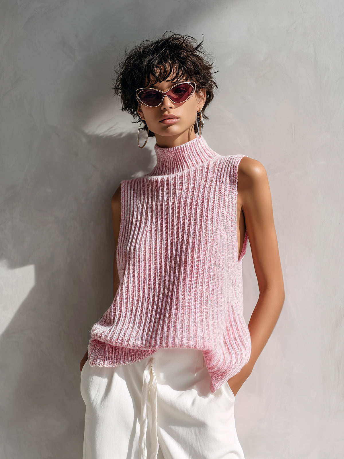 Chic Elegant Pink Mock Neck Sleeveless Loose-Fit Ribbed Knit Vest Top