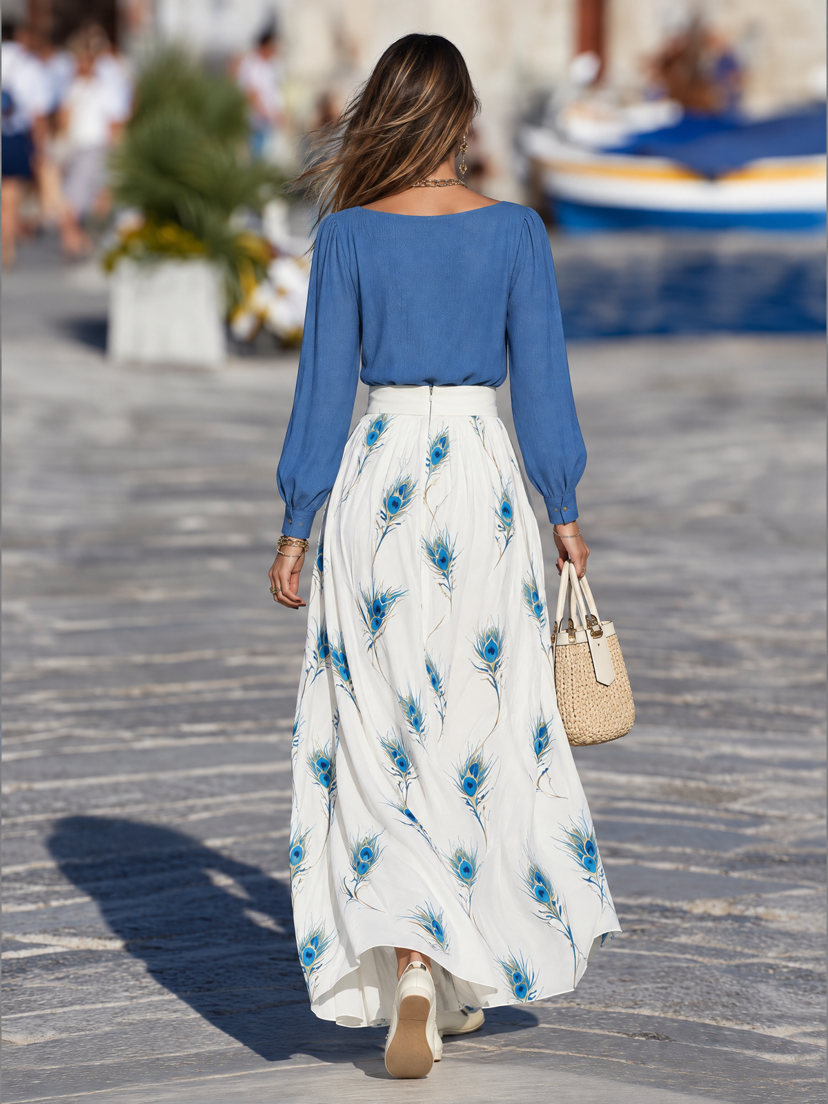 Resort-style Solid-color Crew-neck Top And Printed Skirt Set