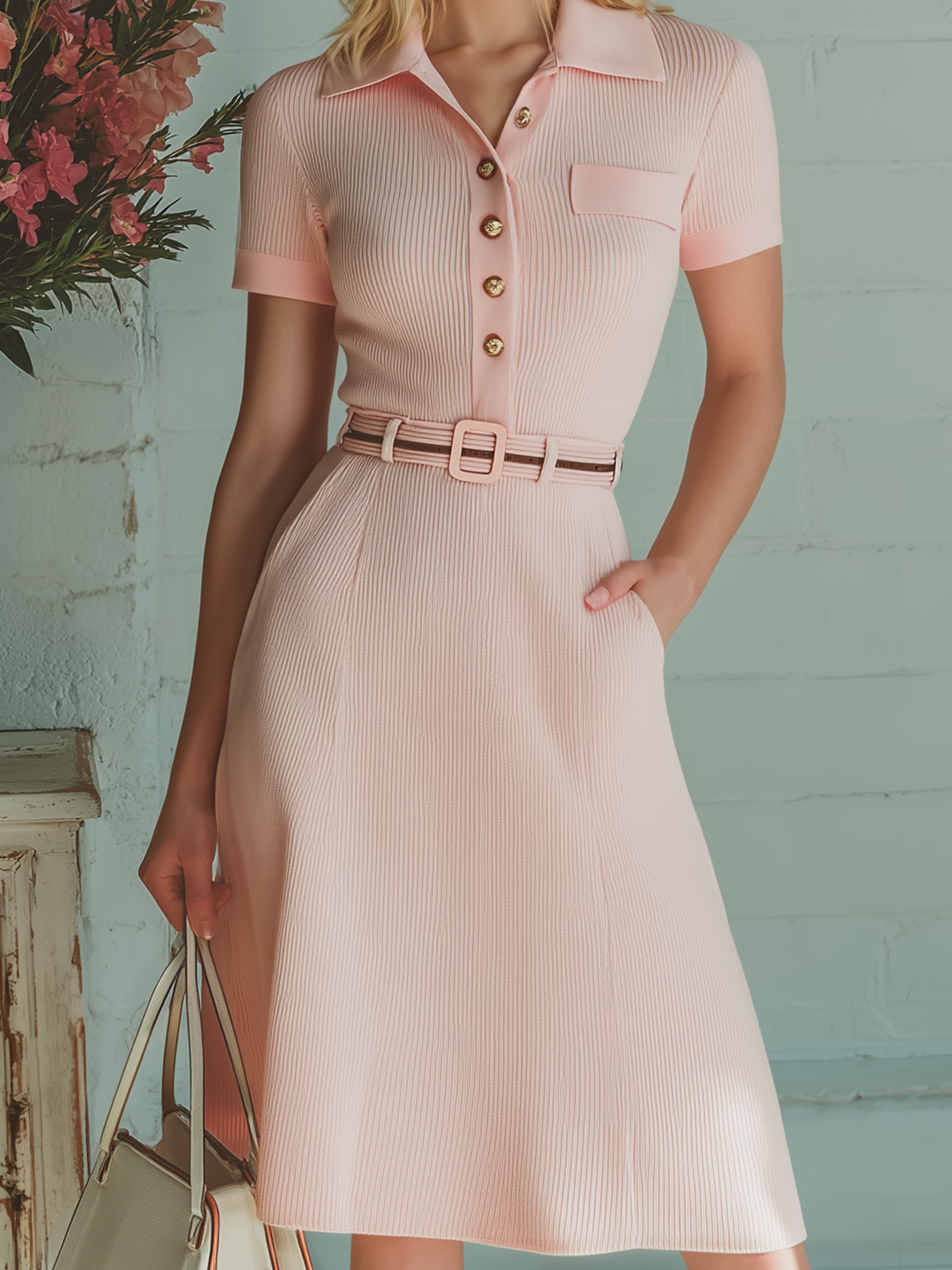Chic Vintage Pink Polo Collar Short Sleeve Button-Front Belted Patch Pocket Slim-Fit Flare Hem Ribbed Knit Midi Dress