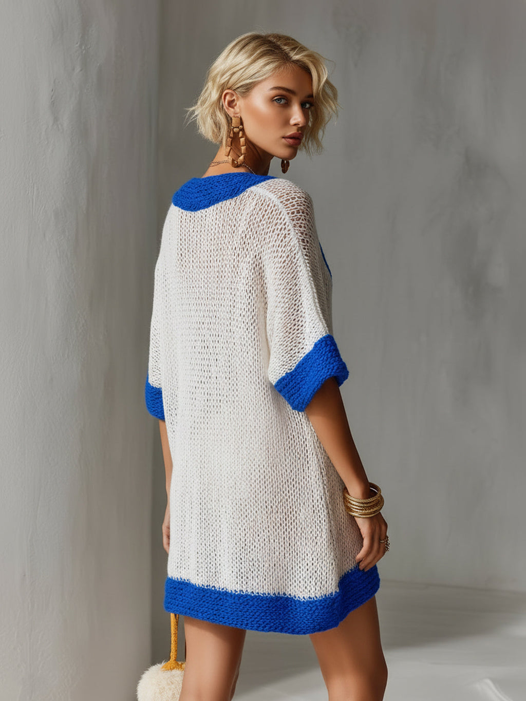 Chic Elegant Royal Blue-White Colorblock Deep V-Neck Short-Sleeve Loose-Fit Knit Mini Dress
