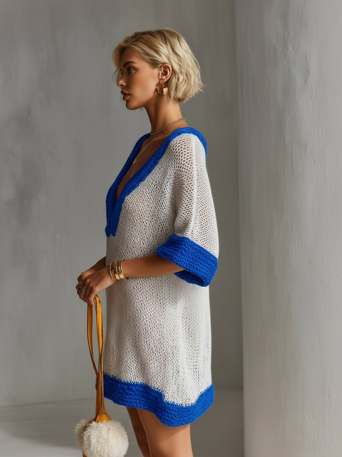 Chic Elegant Royal Blue-White Colorblock Deep V-Neck Short-Sleeve Loose-Fit Knit Mini Dress