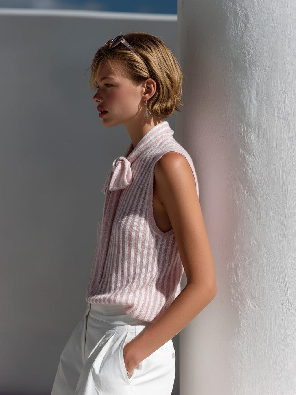 Chic Elegant Pink-White Stripes Bow-Tie Collar Sleeveless Loose-Fit Knit Vest Top