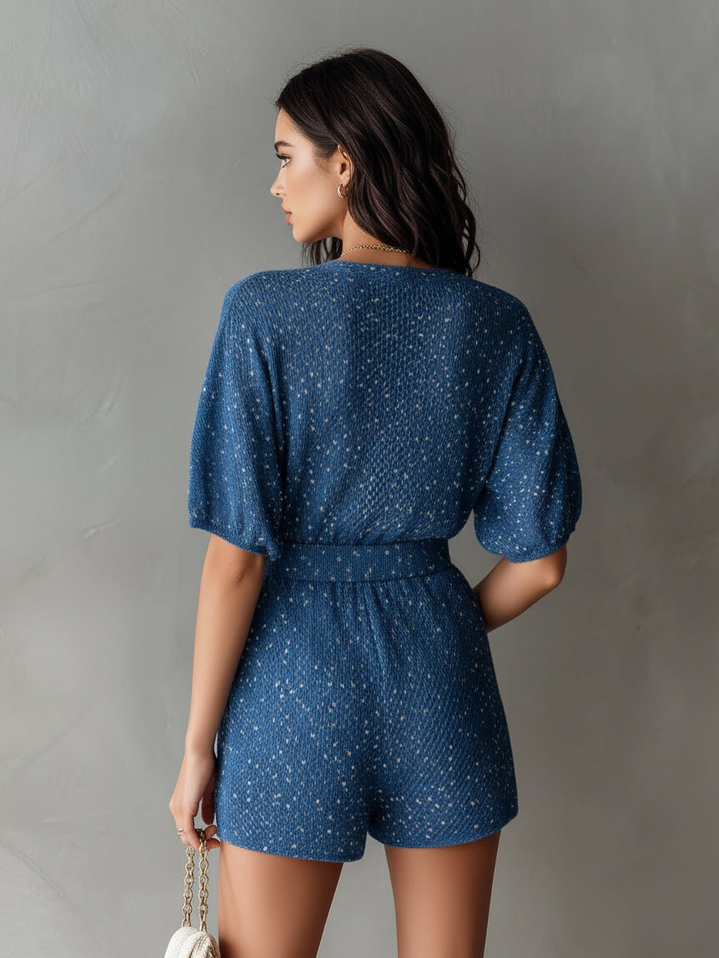 Chic Casual Dark Blue V-Neck Button-Front Short-Sleeve Tailored-Waist Knit Romper