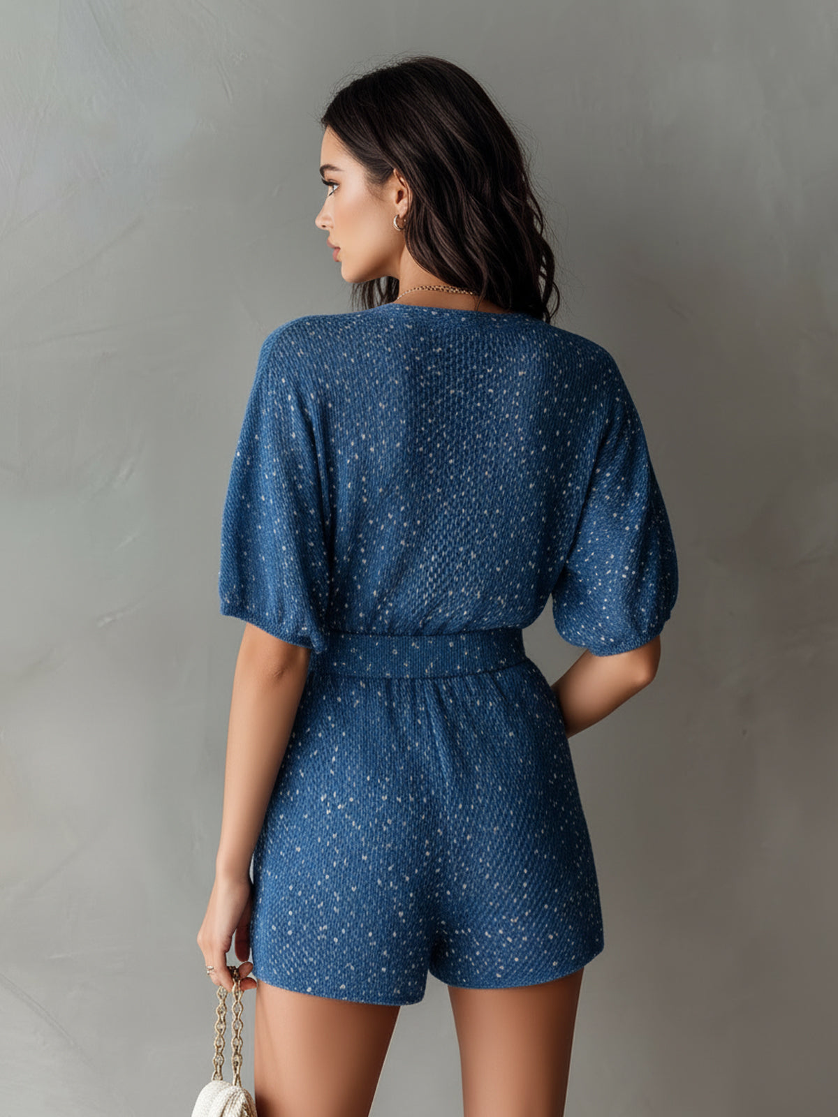 Chic Casual Dark Blue V-Neck Button-Front Short-Sleeve Tailored-Waist Knit Romper