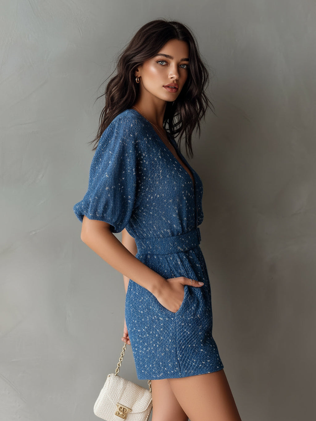 Chic Casual Dark Blue V-Neck Button-Front Short-Sleeve Tailored-Waist Knit Romper