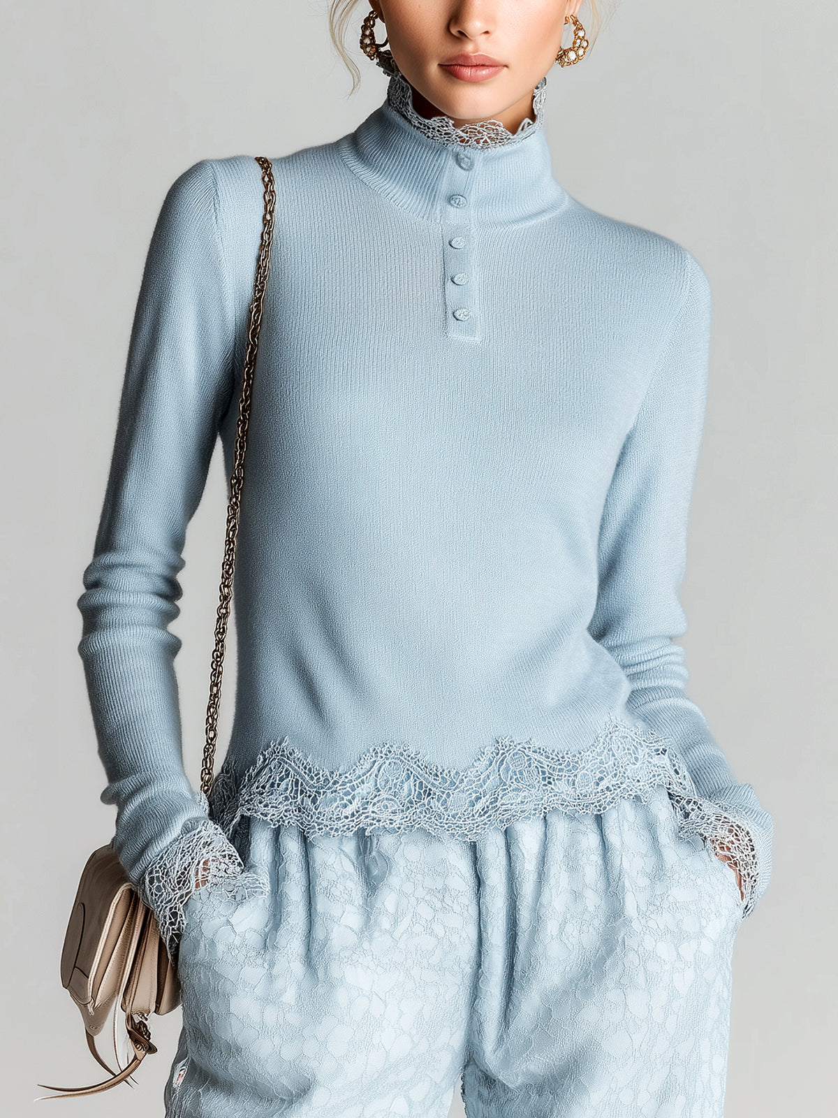Casual Chic Light Blue Lace-Trimmed Turtleneck Button-Detail Elegant Knit Top