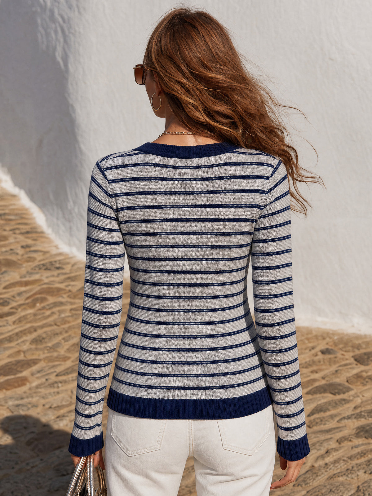 Nautical Vibe Grey Navy Stripe Detachable Decorative Tie Knit Cardigan And Tank Top Two‑Piece Set